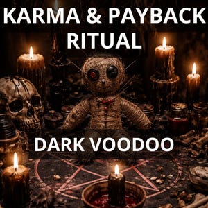Può includere: Immagine oscura con una bambola voodoo, candele, un teschio e il testo "INSTANT KARMA & PAYBACK RITUAL DARK VOODOO PHOTO PROOF." La scena è scarsamente illuminata, con un focus sulla bambola e sugli elementi rituali.