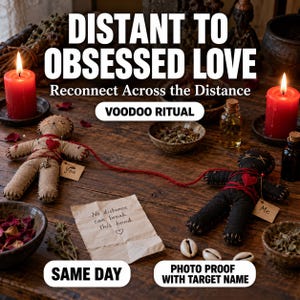 May include: Two fabric dolls, one tan and one black, are connected by a red string. Each doll has a red heart and a tag labelled 'You' or 'Me'. A note reads 'No distance can break this bond'. Red candles, bowls of herbs, and shells are present.