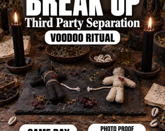 May include: Two fabric dolls, one black and one beige, lie on a dark stone slab. Each doll has a red heart patch and silver pins. Two black candles are lit. Text reads: BREAK UP Third Party Separation VOODOO RITUAL SAME DAY PHOTO PROOF WITH TARGET NAME.