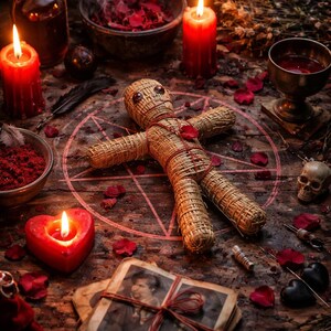 May include: A still life arrangement featuring a straw voodoo doll, candles, and ritualistic items. The scene includes a heart-shaped candle, a skull, and vintage photographs, all arranged on a wooden surface. Red rose petals and a pentagram add to the mystical theme.