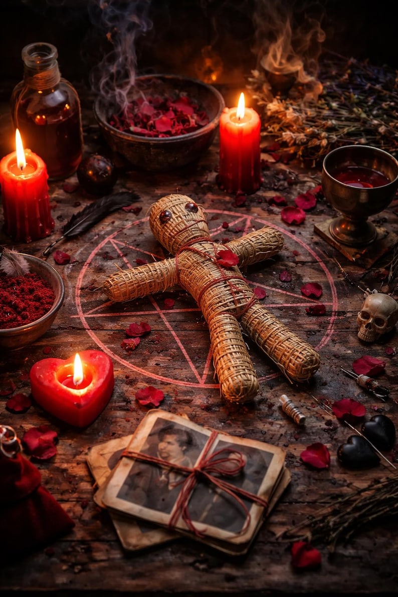May include: A still life arrangement featuring a straw voodoo doll, candles, and ritualistic items. The scene includes a heart-shaped candle, a skull, and vintage photographs, all arranged on a wooden surface. Red rose petals and a pentagram add to the mystical theme.