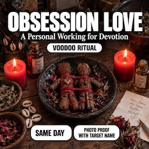 May include: Two brown fabric dolls bound together with red thread in a dark bowl, surrounded by red candles, small glass bottles labeled Love Draw To Me and Come Closer, dried rose petals, cowrie shells, and a note with handwritten text.