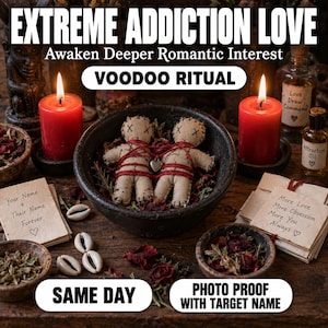 May include: Two beige fabric dolls with stitched X eyes and red string bindings sit in a dark bowl. The scene includes two red pillar candles, small glass bottles labelled Love Draw Command and Attraction Oil, cowrie shells, and handwritten notes.
