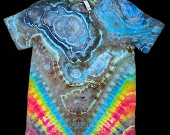 Blue geode with rainbow V tie dye t-shirt, size unisex large