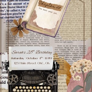 May include: A vintage-style image featuring a black typewriter with a sheet of paper announcing "Sarah's 28th Birthday." A book with "Chapter 28" is open, and a dried flower and floral accents complete the composition.