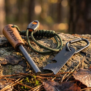 Könnte beinhalten: Ein Feuerstarter-Set mit einem Holzgriff mit der Gravur "David", einem Ferro-Stab, einem grünen Paracord-Lanyard und einem schwarzen Multi-Tool mit Karabinerhaken. Die Artikel liegen auf einem Felsen mit Blättern.