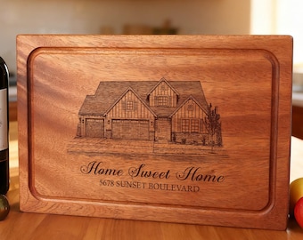 Snijplank met lasergegraveerd huisportret - Gepersonaliseerd afsluitingscadeau voor makelaars, gepersonaliseerde charcuterieplank voor een nieuw huis, housewarmingcadeau