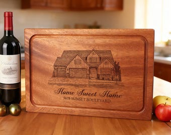 Tabla de cortar con retrato de casa grabado a láser: regalo de cierre personalizado para agentes inmobiliarios, bandeja de embutidos personalizada para nueva casa, inauguración de la casa