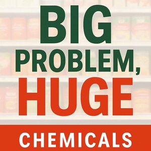 May include: Image with text: "BIG PROBLEM, HUGE" in green and red, respectively. Below, "CHEMICALS AND TRIGGER FOODS" is displayed in white on a red banner. The background shows shelves of packaged food.