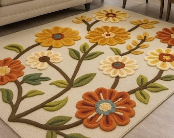 Floral Handcrafted Wool Area Rug, Botanical Flower Carpet for Living Room, Bedroom & Elegant Home Decor Interior