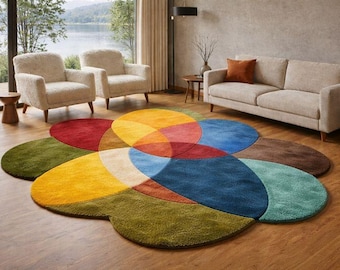 Colorful Abstract Wool Area Rug, Modern Patchwork Designer Carpet for Living Room Contemporary Home Decor