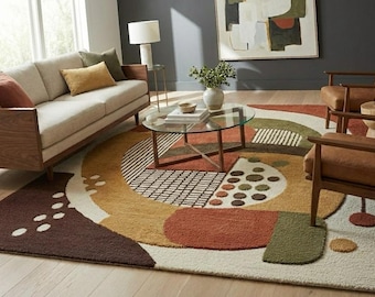 Alfombra geométrica moderna en tonos tierra, hecha a mano en lana para sala de estar, dormitorio y decoración contemporánea del hogar.