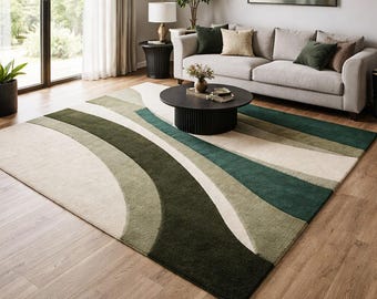 Modern Abstract Green Wave Wool Area Rug, Contemporary Designer Carpet for Living Room Natural Home Decor
