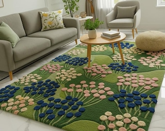 Alfombra floral verde botánica, hecha a mano, de lana, inspirada en la naturaleza, para sala de estar, dormitorio y decoración elegante del hogar.