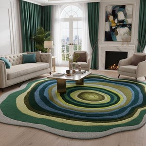 May include: A large, round area rug with a tree ring design in shades of green, blue, and yellow. The rug is placed in a living room with a beige sofa, armchairs, and a fireplace. The rug's dimensions are approximately 8 feet in diameter.