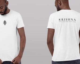 Krishna peacock feather T-Shirt, Krishna chest design, back text, Krishna Shirt, Release The Outcome Tee, Bhagavad Gita Inspired, yoga Gift