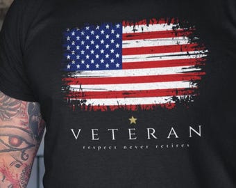 Veteran Shirt | Distressed American Flag Tee | Respect Never Retires, Retired Military Gift