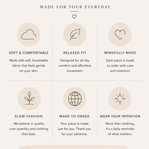 May include: An informational graphic with the text "HOW IT FEELS" and "MADE FOR YOUR EVERYDAY". The graphic describes the brand's values: soft & comfortable, relaxed fit, mindfully made, slow fashion, made to order, and wear your intention.