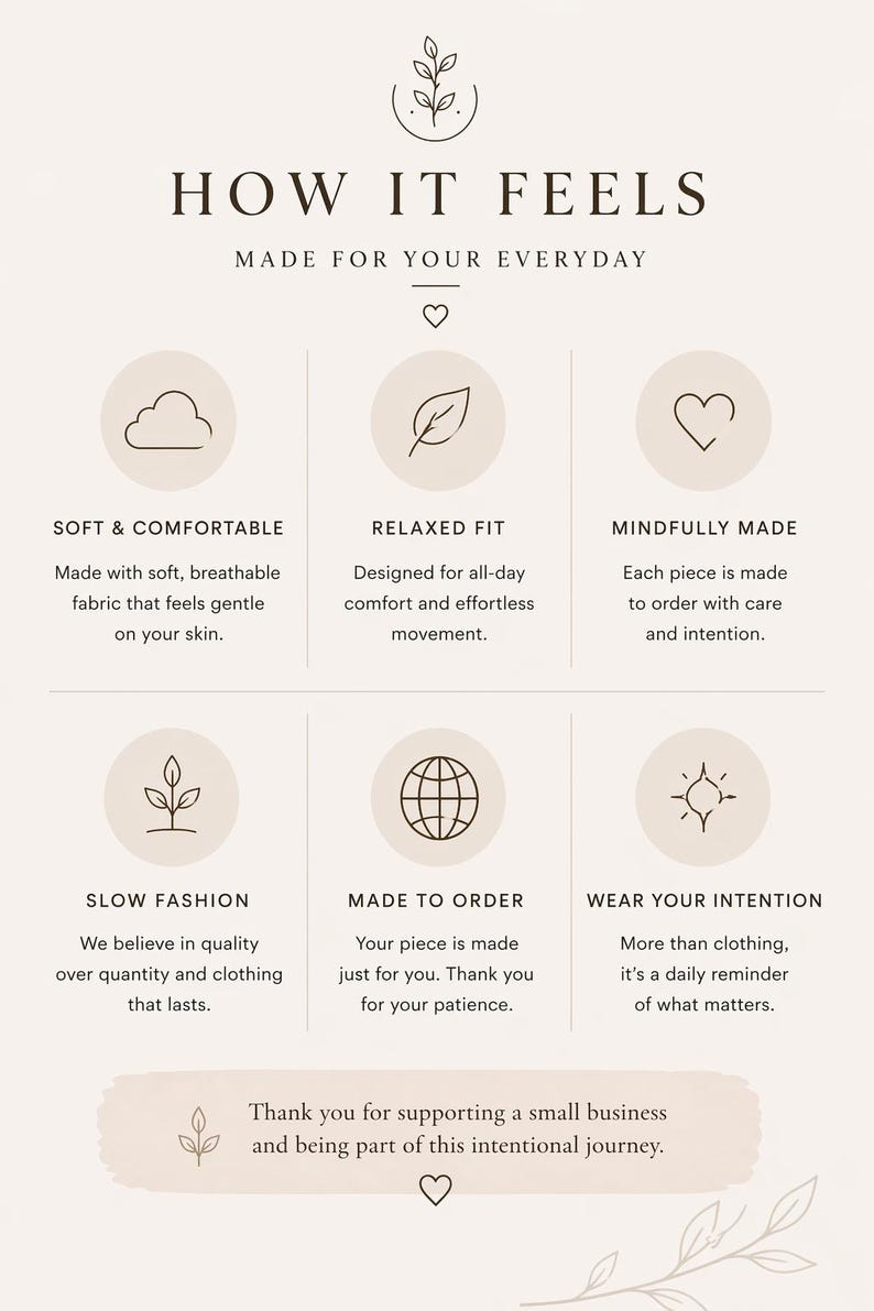 May include: An informational graphic with the text "HOW IT FEELS" and "MADE FOR YOUR EVERYDAY". The graphic describes the brand's values: soft & comfortable, relaxed fit, mindfully made, slow fashion, made to order, and wear your intention.