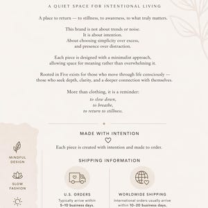 May include: A beige and white graphic with the text "ROOTED IN FIVE" and additional text about intentional living, mindful design, slow fashion, and small business. The image includes icons and a thank you message.