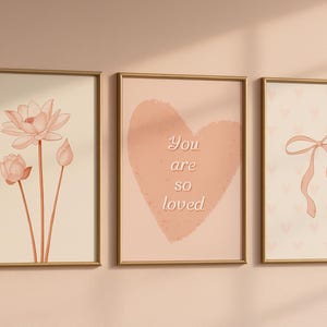 Pink Nursery Wall Art Set of 3 | You Are So Loved Print, Pink Bow Artwork, Flower & Heart Prints | Baby Girl Room Decor, Digital Download