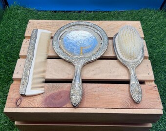 Vintage Silver-Plated Repoussé Vanity Set - 3 Piece - Mirror/ Brush/ Comb