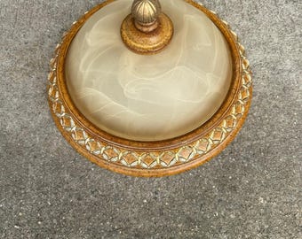 Vintage Alabaster Style Glass Dome Ceiling Light Fixture - Faux Wood w/ Gold Trellis