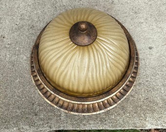 Vintage Style Flush Mount Ceiling Light-Rib Amber Glass & Bronze Trim