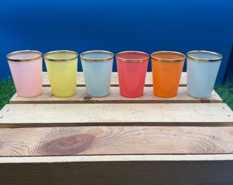Vintage Mid-Century Pastel Glassware Set -6 Colorful Shot Glasses with Gold Trim