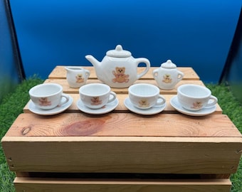 Vintage Miniature Teddy Bear Porcelain Tea Set-13 Piece Child’s Set-White & Pink