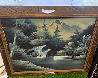 Vintage Mid-Century Velvet Painting – Evening Landscape w/ Mill Cabin