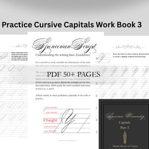 Könnte beinhalten: Ein Arbeitsbuch mit dem Titel "Practice Cursive Capitals Work Book 3" mit detaillierten Anweisungen zur Spencerian-Schrift. Die Seiten zeigen Beispiele für Schreibschriftbuchstaben, Richtlinien und Diagramme. Der Text enthält "PDF 50+ PAGES".