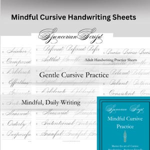 Könnte beinhalten: Übungsblätter für Schreibschrift mit den Wörtern "Spencerian Script", "Gentle Cursive Practice" und "Mindful, Daily Writing". Die Blätter sind für das Üben der Schreibschrift für Erwachsene konzipiert und sind anfängerfreundlich.