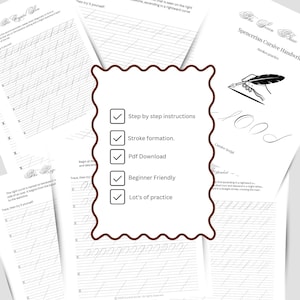 以下が含まれることがあります： 筆記体の練習例と指示が書かれた白いカリグラフィー練習シートのコレクション。茶色の波状のグラフィックには、ステップバイステップの説明、ストロークの形成、PDFダウンロード、初心者向け、多くの練習などの機能がリストされています。