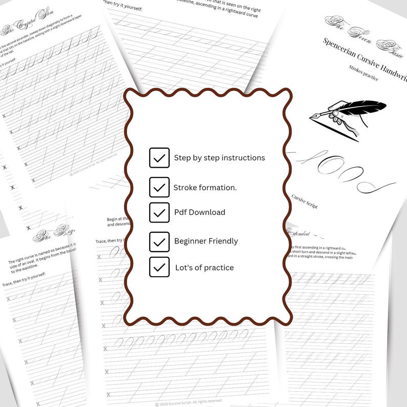 以下が含まれることがあります： 筆記体の練習例と指示が書かれた白いカリグラフィー練習シートのコレクション。茶色の波状のグラフィックには、ステップバイステップの説明、ストロークの形成、PDFダウンロード、初心者向け、多くの練習などの機能がリストされています。