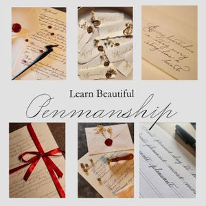 以下が含まれることがあります： カリグラフィー用品のコラージュ。手書きの手紙、ワックスシール付きの封筒、ペン、そして「Learn Beautiful Penmanship」の文字が含まれています。手紙は赤いリボンで結ばれています。