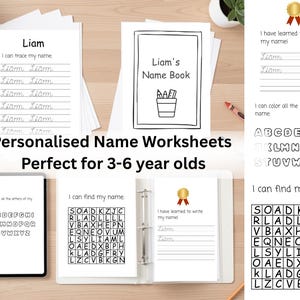 May include: Personalized name worksheets for children aged 3-6. The image shows various worksheets with the name "Liam" for tracing, coloring, and finding. The worksheets are designed to help children learn to write their name.