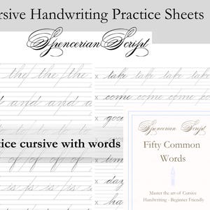 Può includere: Fogli di esercizi di calligrafia corsiva con il testo "Spencerian Script" e "Practice cursive with words". I fogli includono linee per esercitarsi nella scrittura corsiva di parole e lettere. Una piccola scheda recita "Fifty Common Words".
