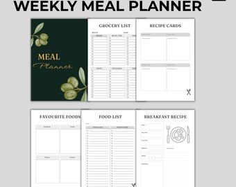 Planificador de comidas semanal imprimible, registro de calorías y lista de la compra (descarga en PDF, tamaño A4/carta)