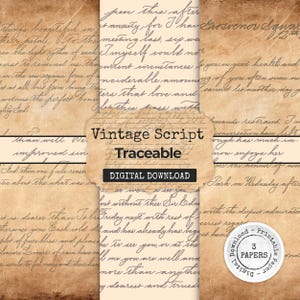 Puede incluir: Una descarga digital que presenta tres hojas de papel de estilo antiguo con escritura cursiva en tinta marrón oscuro sobre un fondo beige envejecido. La etiqueta central dice Vintage Script Traceable y una insignia circular indica 3 Papers.