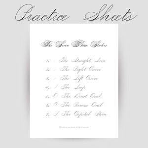 以下が含まれることがあります： 上部にエレガントな筆記体で「Practice Sheets」という言葉が書かれた白い練習シート。シートには、「The Seven Basic Strokes」がリストされており、直線、曲線、ループなど、各ストロークの例が示されています。背景は明るいグレーです。