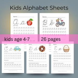 Può includere: Fogli di tracciamento dell'alfabeto per bambini dai 4 ai 7 anni. Ogni pagina presenta una lettera con linee di tracciamento e illustrazioni. L'immagine mostra una mela rossa, una bicicletta blu, un'auto blu, una ciambella e un cesto di uova.