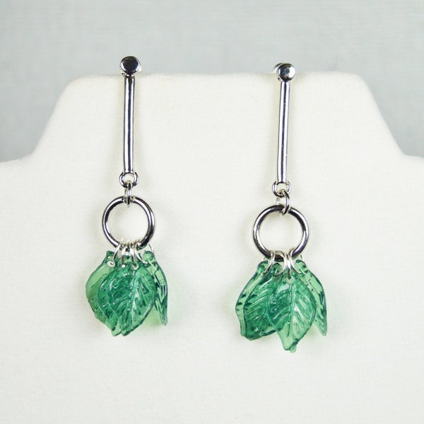 Long dangle, glass leaves earrings. | Silver | Long | Glass | Plant | Forest | Dangle | Posts | Nickel free