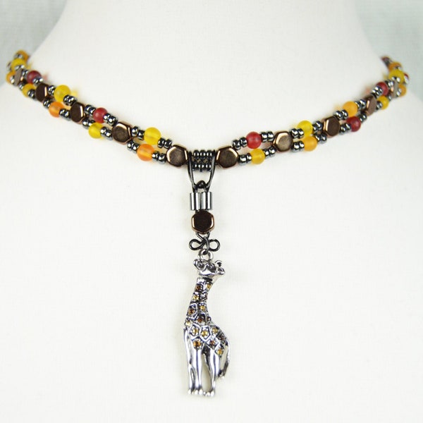 Giraffe choker necklace with hematite and glass accent beads. | Orange | Silver | Choker | Zoo | Wildlife | Animal | Rhinestones