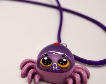 Purple jumping spider necklace, resin, satin cord