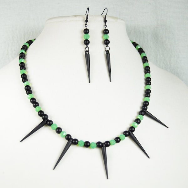 Black and green spikes necklace and earrings set. | Earrings | Cyberpunk | Black light reactive | Punk | Gift for her | Gift for him