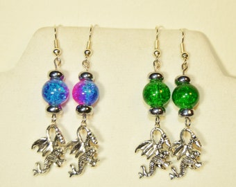 Dragons charm, glass bead earrings. | Choice | Fantasy | Green | Blue | Pink | Dragon | Silver | Shatter | Dangle | Jewelry