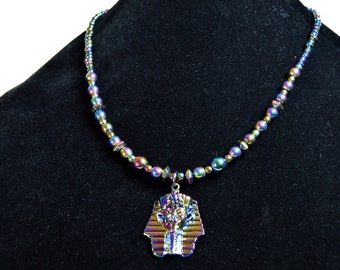 Beautiful king tut on electroplated beaded necklace. | Egypt | King | Rainbow | Metal | Bling | Drip