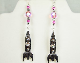 Rocket ship earrings with hot pink accent beads. Silver | Pink | Space | Space ship | sci fi | Dangle | Beautiful | Jewelry