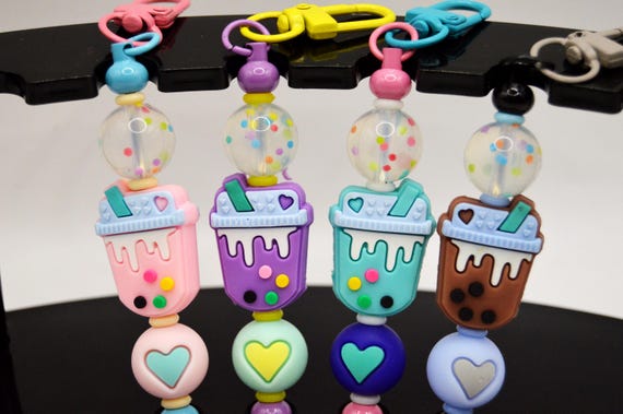 Boba Tea, purse clip or Key Chain, colorful soft beads.